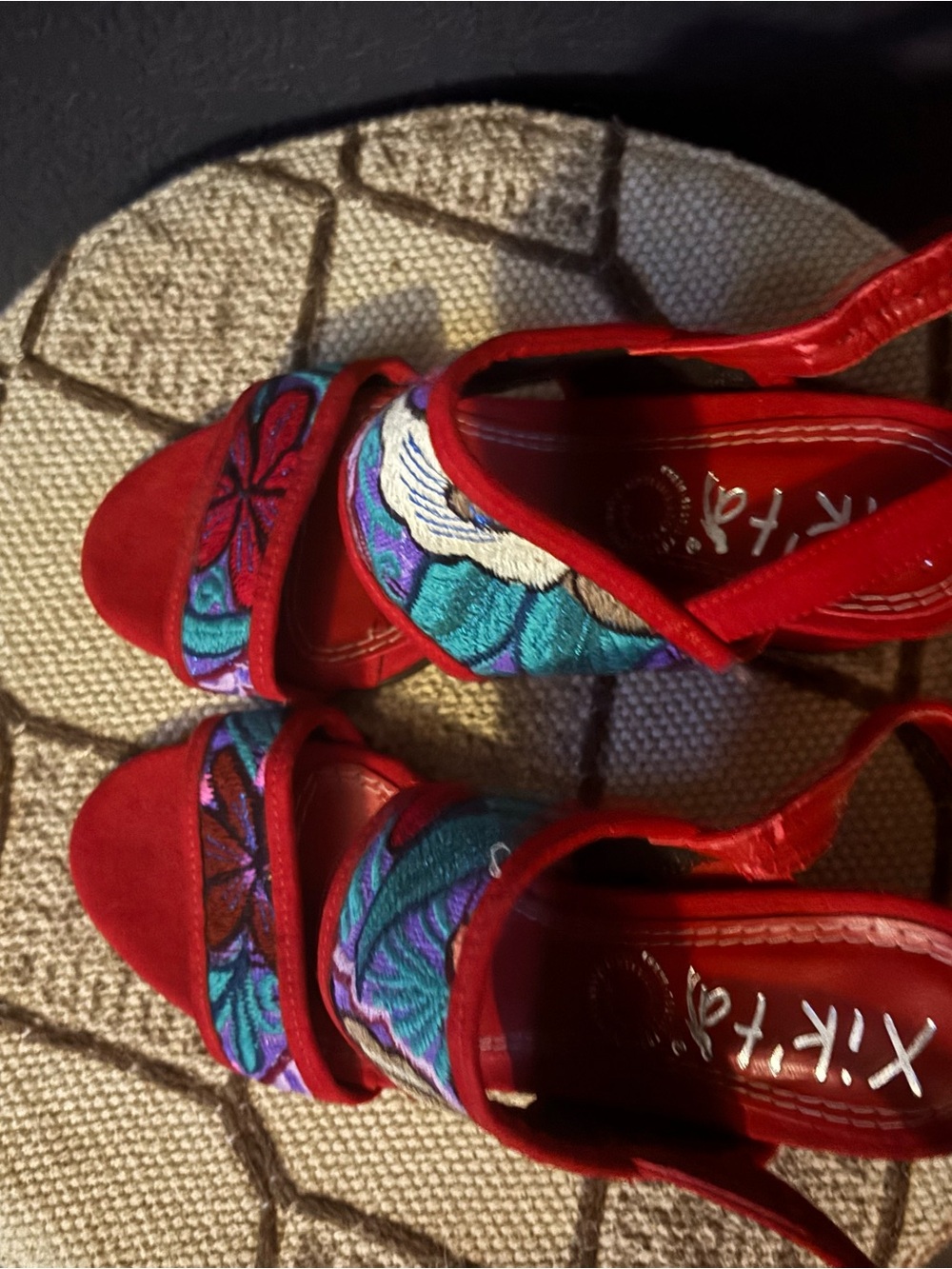 Red Embroidered Floral Open-Toe Heels
